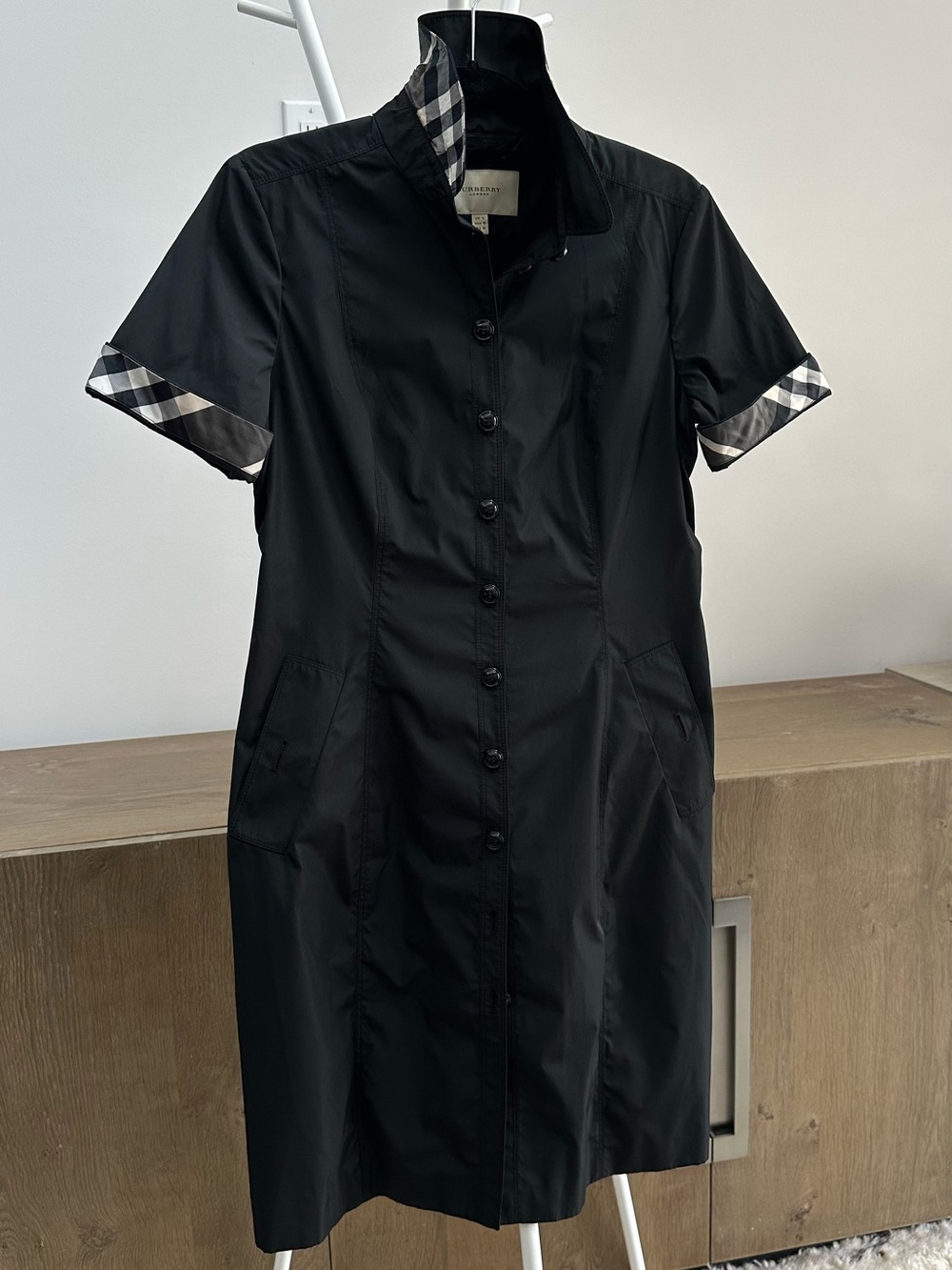 Burberry Black Short-Sleeve Button-Front Midi Coat Dress w/Signature Check Trim